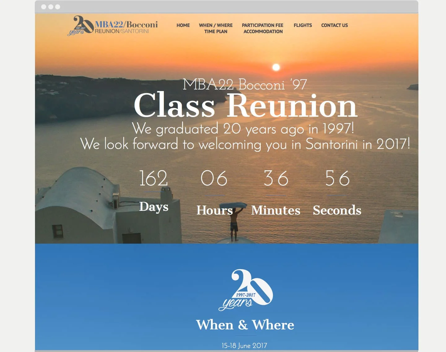 Realizzazione sito web evento. Mba22 bocconi reunion milano santorini